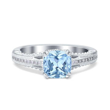 Cushion Cut Art Deco Engagement Ring Simulated Aquamarine CZ 925 Sterling Silver